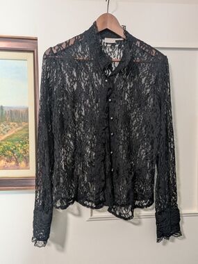 White Stag Black Lace Button-Up Blouse